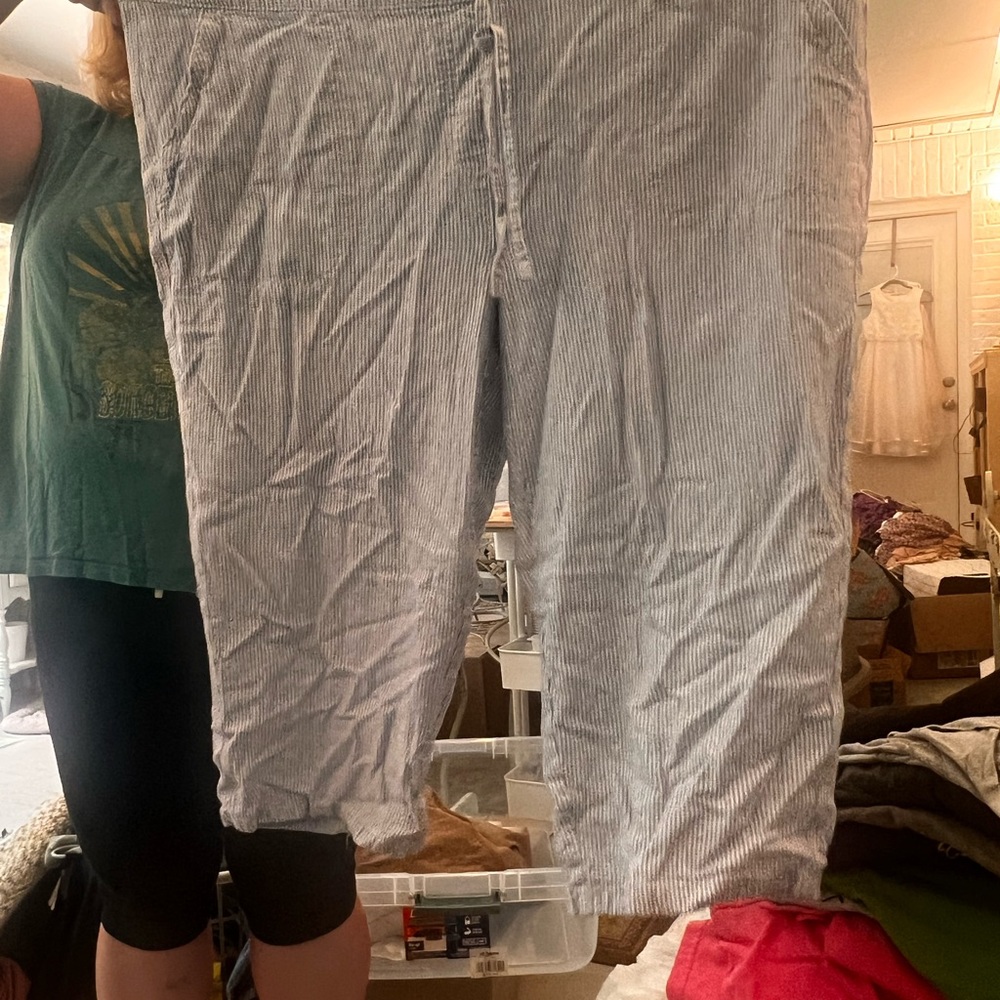 25% off listed price. Plus size capri summer pants. Light blue striped